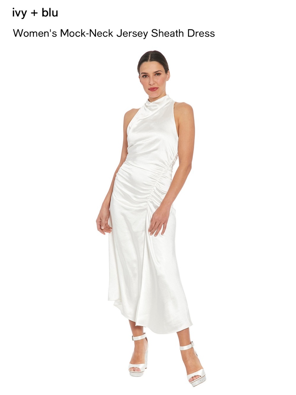 ivy + blu White Mock-Neck Satin Sheath Midi Dress